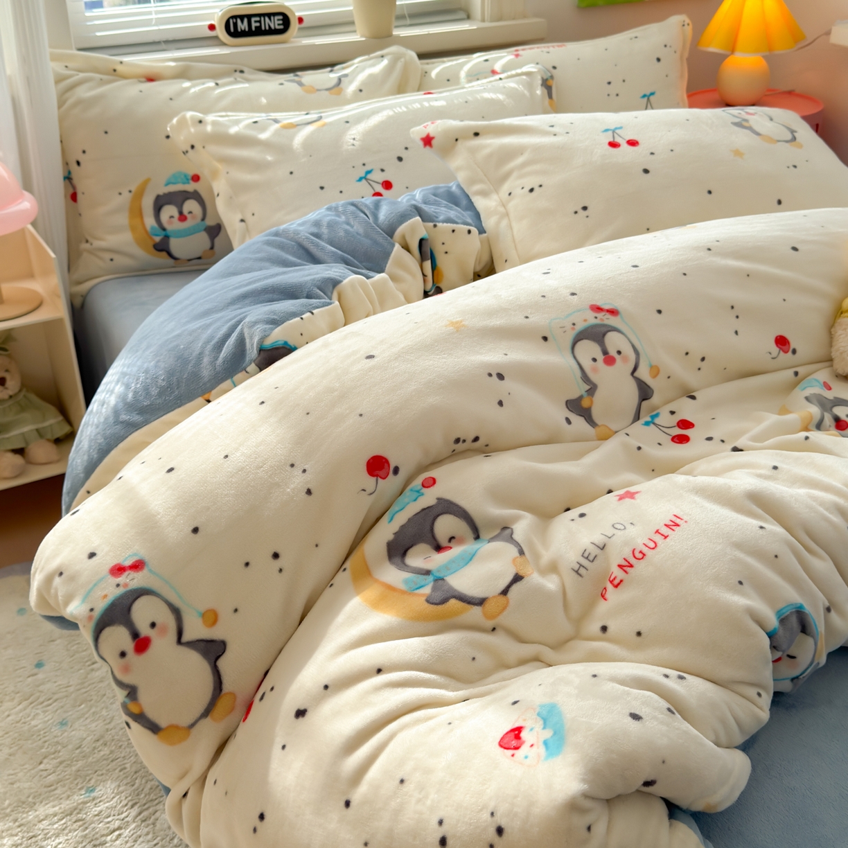 91家纺网 家纺一手货源 找家纺 铭宣 2025新款高克重牛奶绒印花保暖四件套床单床笠单被套款 企鹅乐园