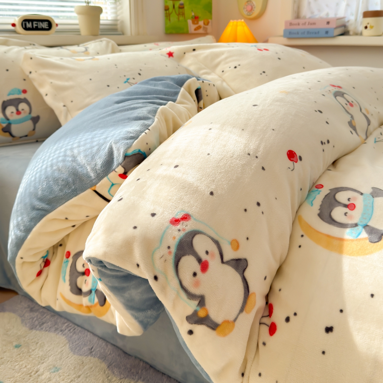 铭宣 2025新款高克重牛奶绒印花保暖四件套床单床笠单被套款 企鹅乐园