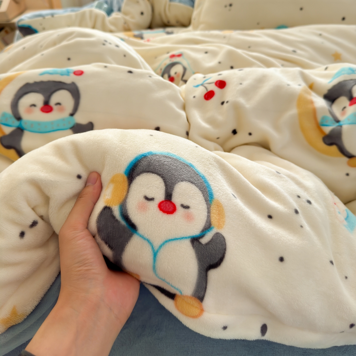 91家纺网 家纺一手货源 找家纺 铭宣 2025新款高克重牛奶绒印花保暖四件套床单床笠单被套款 企鹅乐园