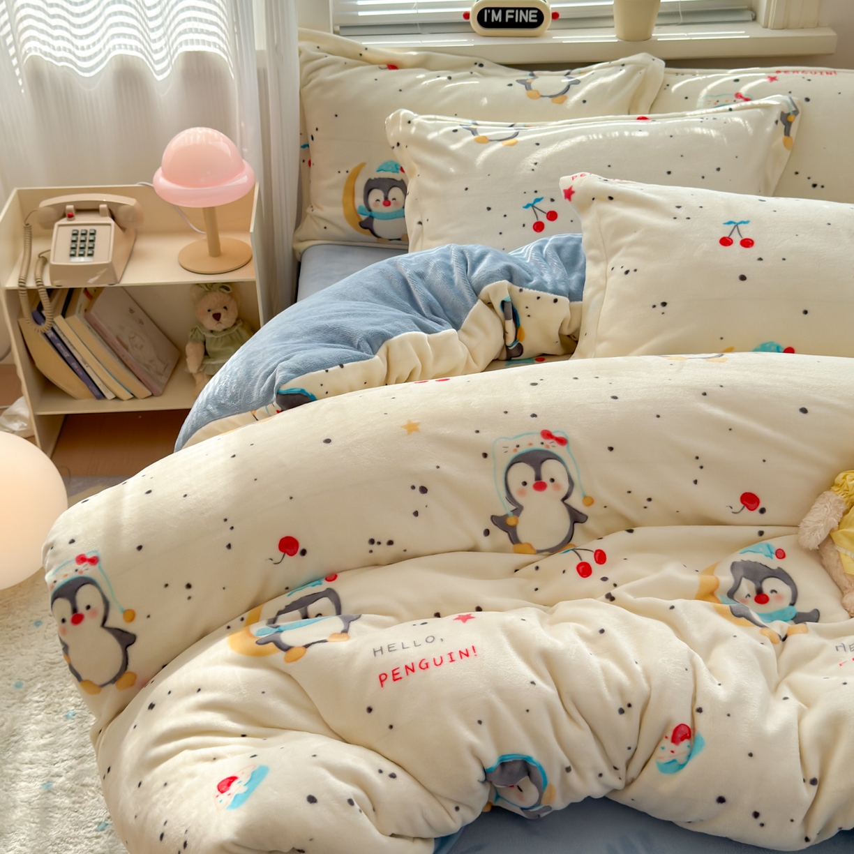 91家纺网 家纺一手货源 找家纺 铭宣 2025新款高克重牛奶绒印花保暖四件套床单床笠单被套款 企鹅乐园