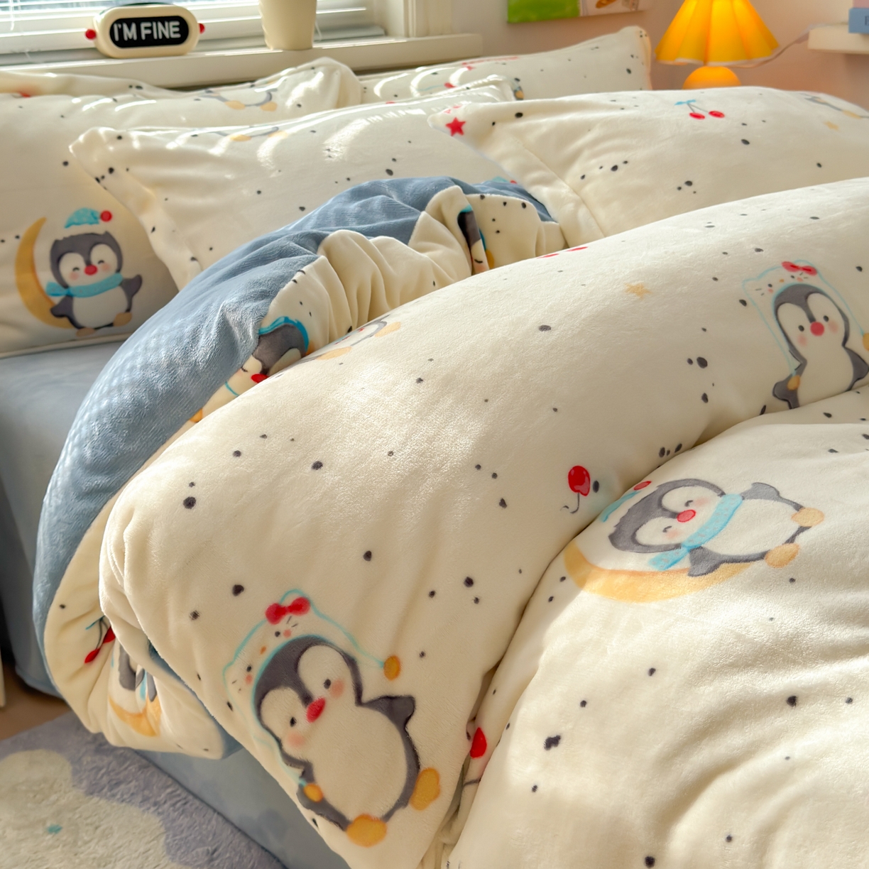 91家纺网 家纺一手货源 找家纺 铭宣 2025新款高克重牛奶绒印花保暖四件套床单床笠单被套款 企鹅乐园