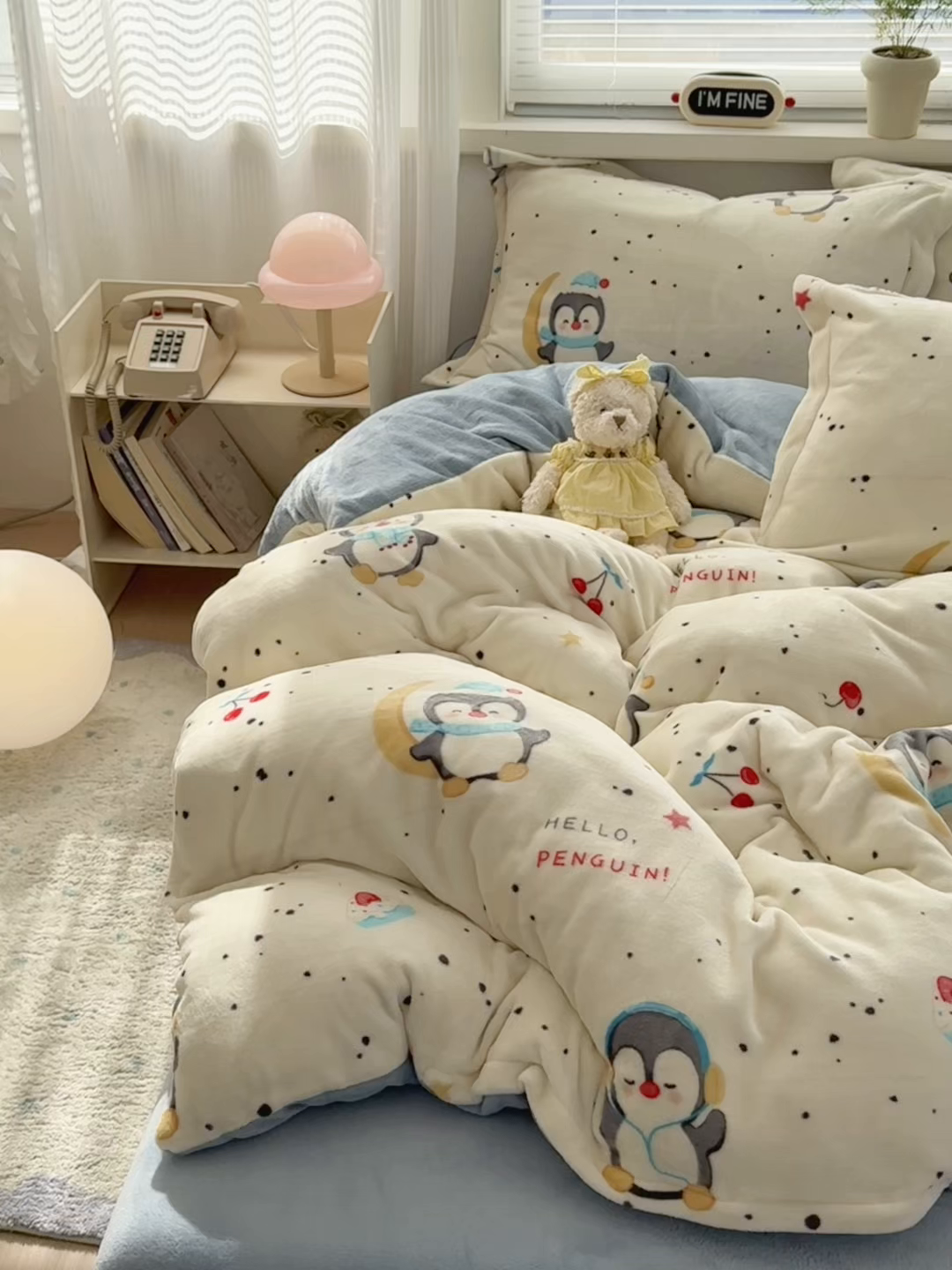 91家纺网 家纺一手货源 找家纺 铭宣 2025新款高克重牛奶绒印花保暖四件套床单床笠单被套款 企鹅乐园