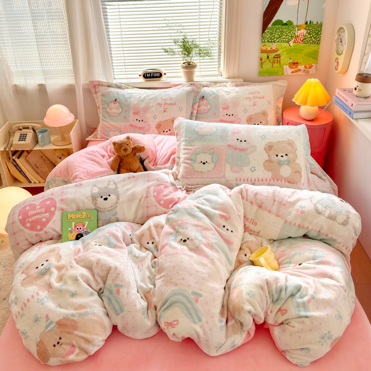 91家纺网 家纺一手货源 找家纺 铭宣 2025新款高克重牛奶绒印花保暖四件套床单床笠单被套款 甜心宝贝