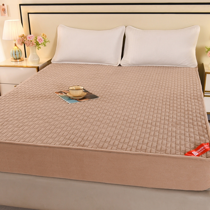 91家纺网 家纺一手货源 找家纺 栩裕纺织 2025新款亲肤绒夹棉保暖床笠 浅咖