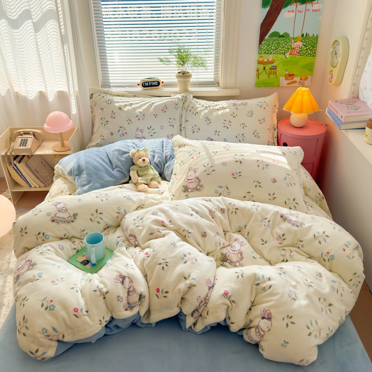 91家纺网 家纺一手货源 找家纺 铭宣 2025新款高克重牛奶绒印花保暖四件套床单床笠单被套款 童话小兔