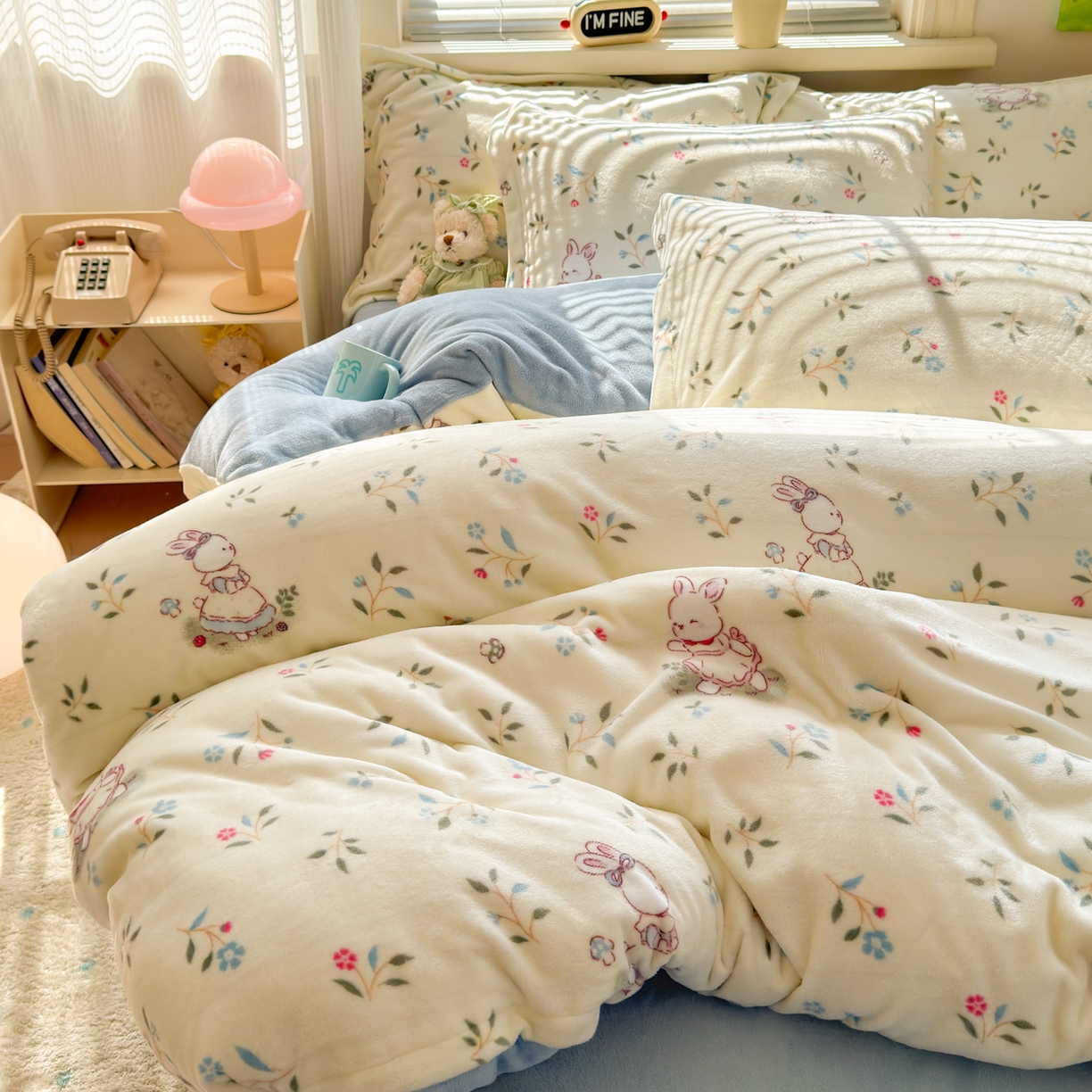 91家纺网 家纺一手货源 找家纺 铭宣 2025新款高克重牛奶绒印花保暖四件套床单床笠单被套款 童话小兔