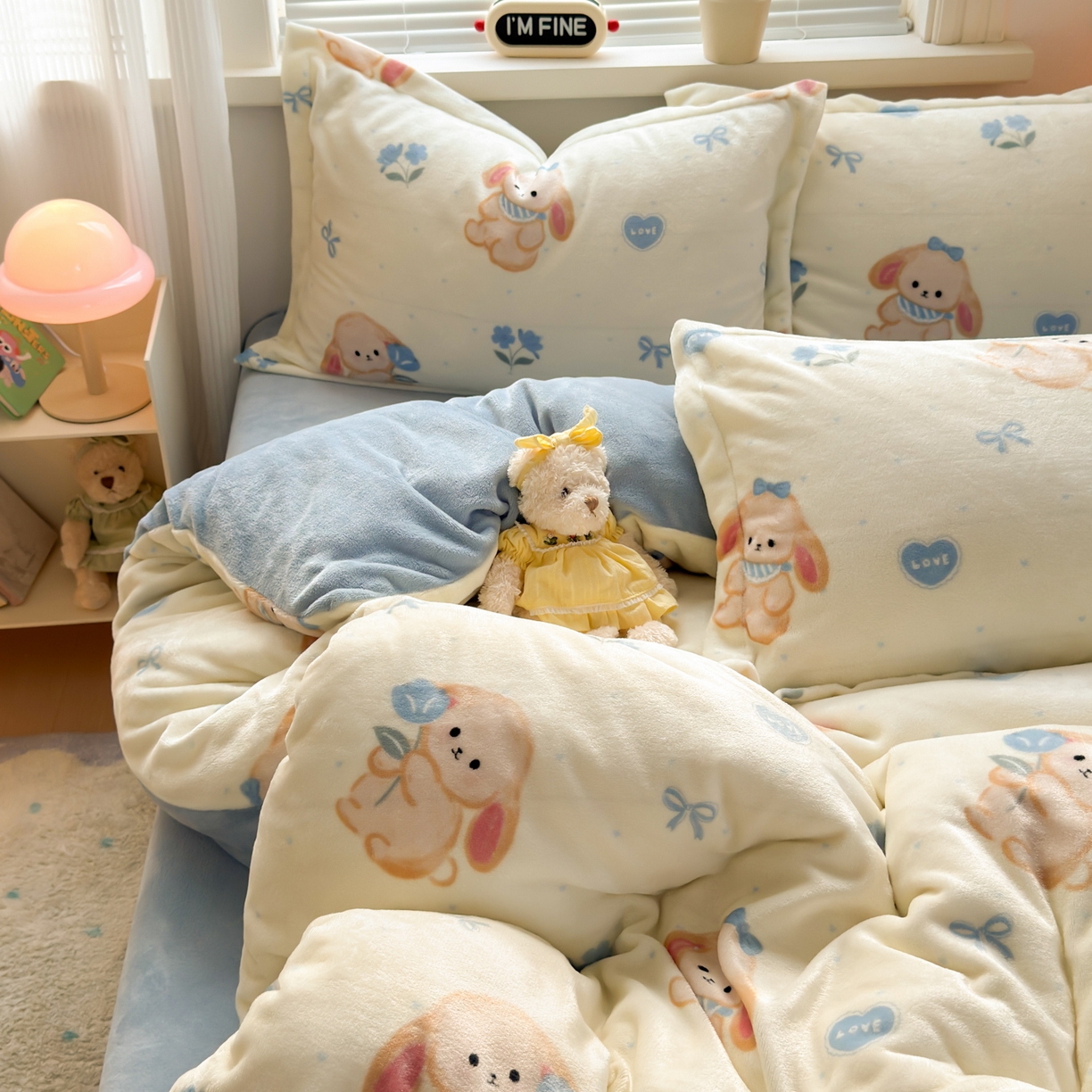 91家纺网 家纺一手货源 找家纺 铭宣 2025新款高克重牛奶绒印花保暖四件套床单床笠单被套款 郁金香小兔