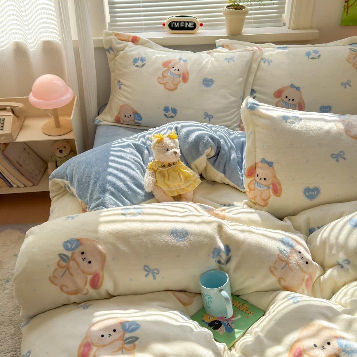 91家纺网 家纺一手货源 找家纺 铭宣 2025新款高克重牛奶绒印花保暖四件套床单床笠单被套款 郁金香小兔