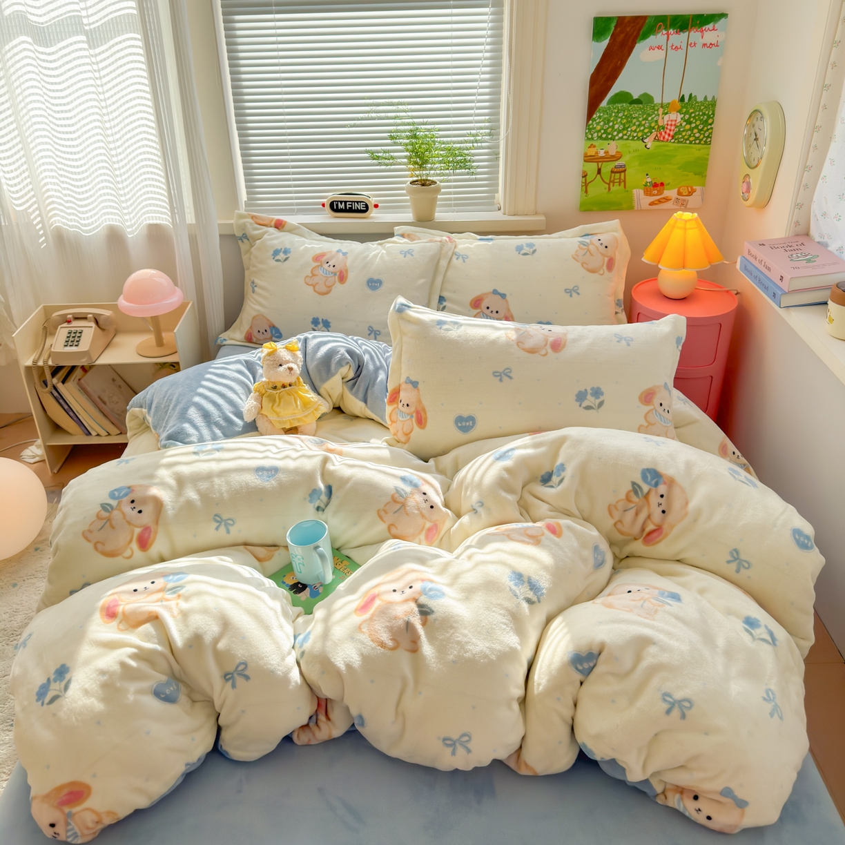 91家纺网 家纺一手货源 找家纺 铭宣 2025新款高克重牛奶绒印花保暖四件套床单床笠单被套款 郁金香小兔