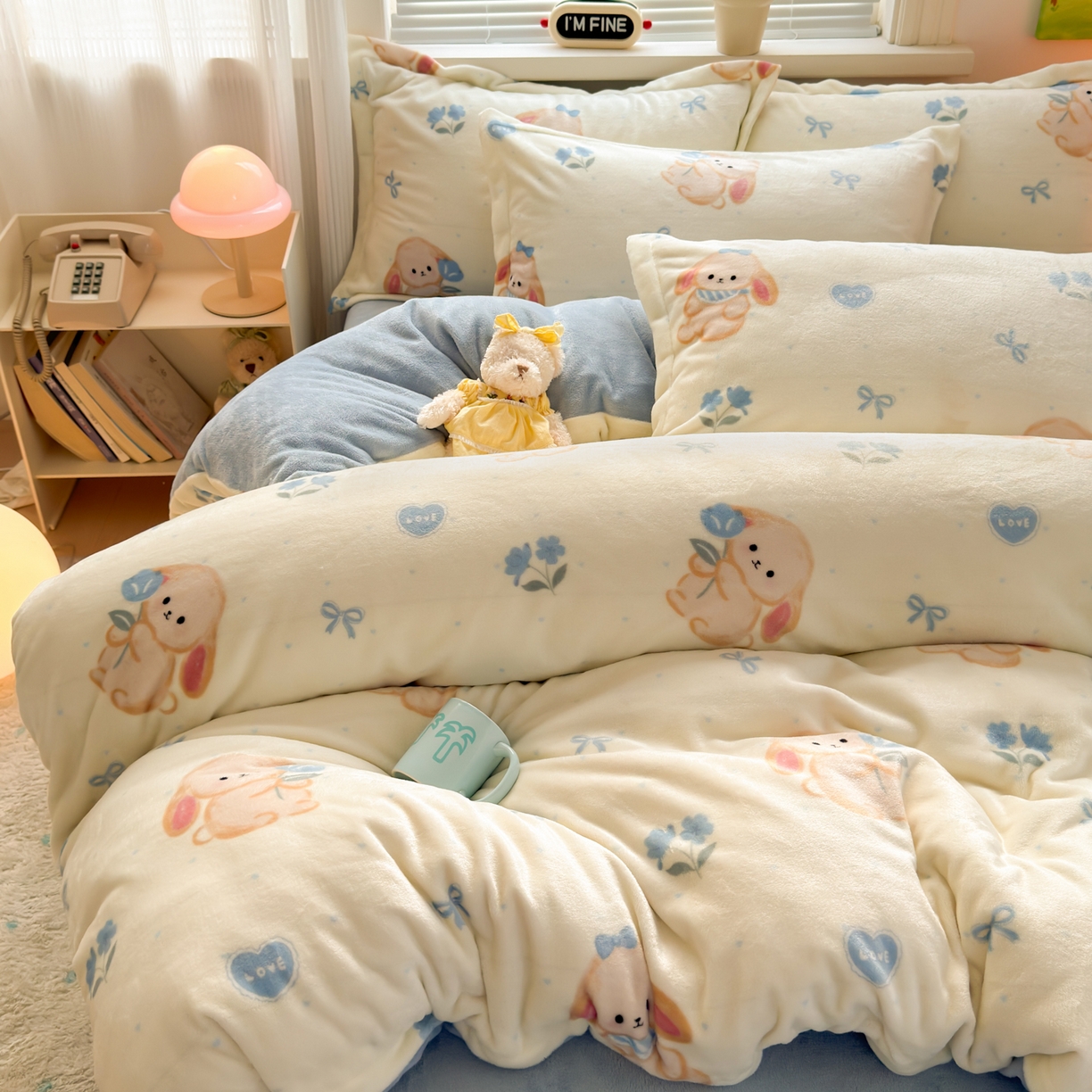 91家纺网 家纺一手货源 找家纺 铭宣 2025新款高克重牛奶绒印花保暖四件套床单床笠单被套款 郁金香小兔