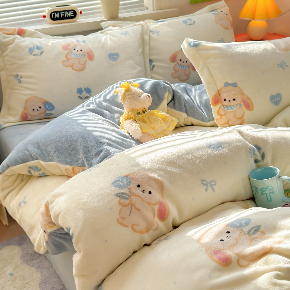 91家纺网 家纺一手货源 找家纺 铭宣 2025新款高克重牛奶绒印花保暖四件套床单床笠单被套款 郁金香小兔