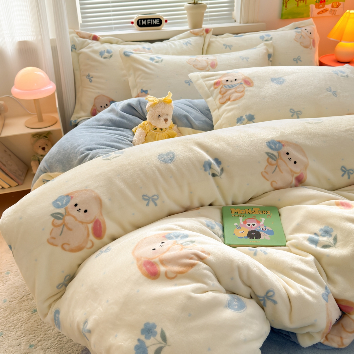 91家纺网 家纺一手货源 找家纺 铭宣 2025新款高克重牛奶绒印花保暖四件套床单床笠单被套款 郁金香小兔