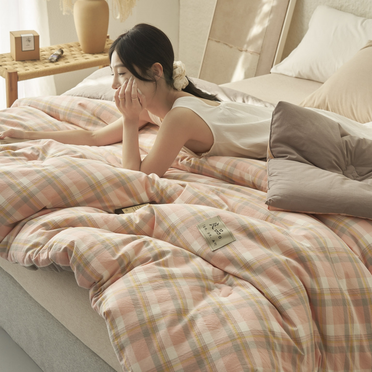 91家纺网 家纺一手货源 找家纺 子由家居 2025新款无印风100%新疆棉花被被子被芯 无印风-奶昔格