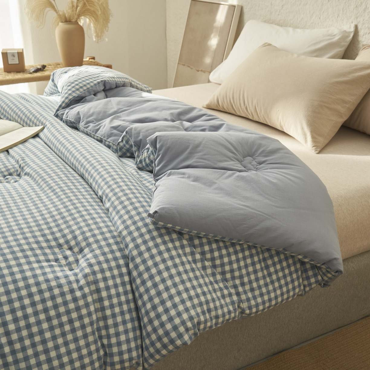 91家纺网 家纺一手货源 找家纺 子由家居 2025新款无印风100%新疆棉花被被子被芯 无印风-天蓝小格