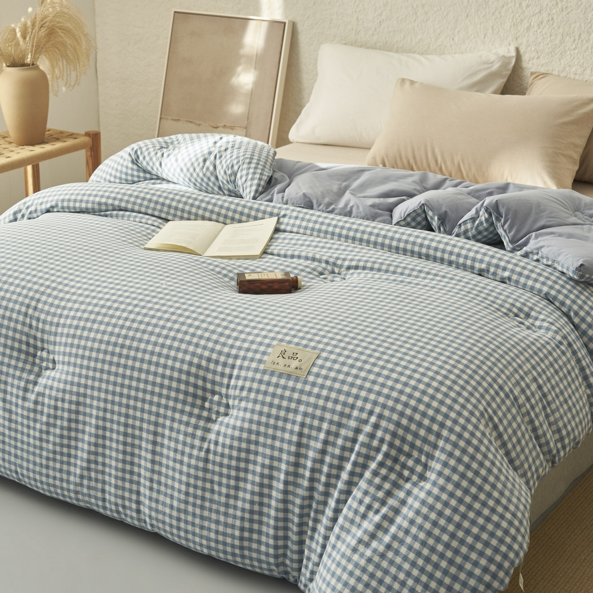 91家纺网 家纺一手货源 找家纺 子由家居 2025新款无印风100%新疆棉花被被子被芯 无印风-天蓝小格