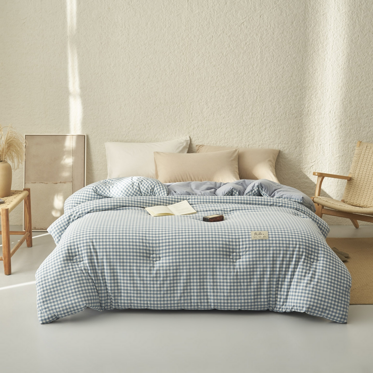 91家纺网 家纺一手货源 找家纺 子由家居 2025新款无印风100%新疆棉花被被子被芯 无印风-天蓝小格