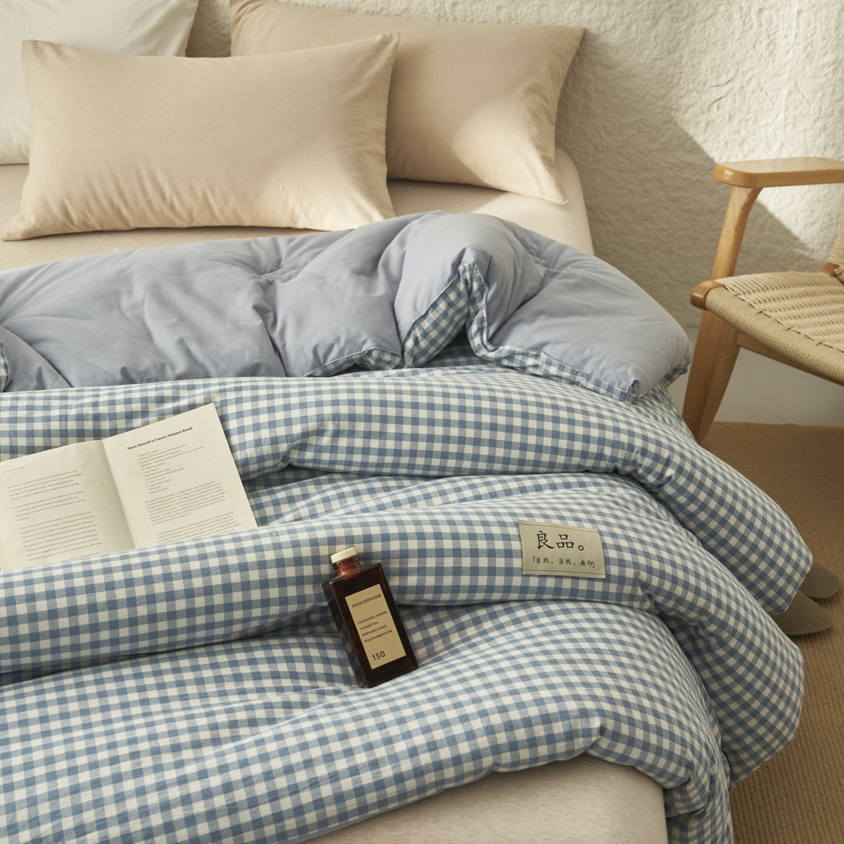 91家纺网 家纺一手货源 找家纺 子由家居 2025新款无印风100%新疆棉花被被子被芯 无印风-天蓝小格