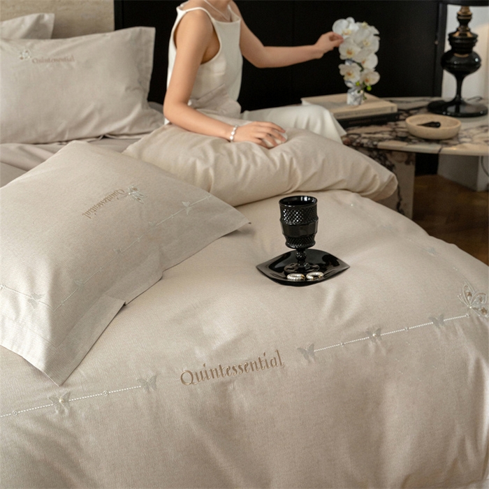 91家纺网 家纺一手货源 找家纺 红番天家居馆 （控价）2025新款全棉云柔棉磨毛+磨毛肌理纹+工艺款四件套-岚蝶（每款供货价的基础上一切活动券后+100） 岚蝶 杏子灰