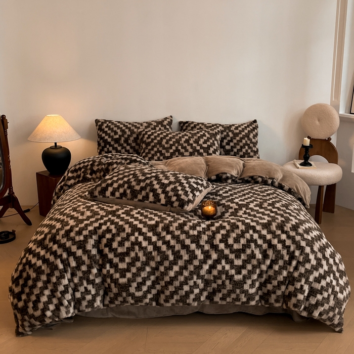 91家纺网 家纺一手货源 找家纺 子曰 2025新款美拉德高克重兔绒牛奶绒床盖款四件套 简约款-格调