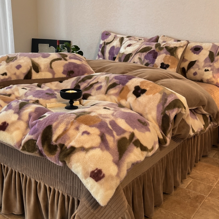 子曰 2025新款美拉德高克重兔绒牛奶绒床盖款四件套 简约款-花海紫