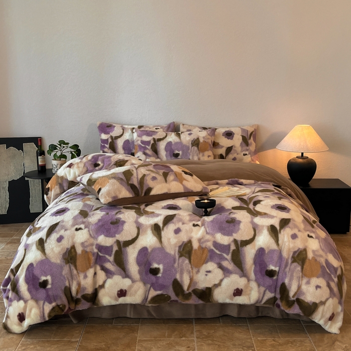 91家纺网 家纺一手货源 找家纺 子曰 2025新款美拉德高克重兔绒牛奶绒床盖款四件套 简约款-花海紫