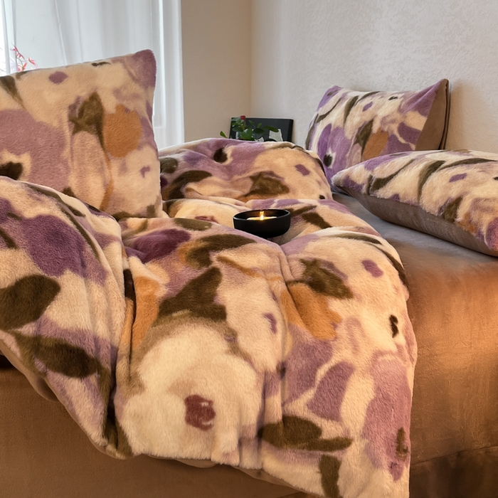 91家纺网 家纺一手货源 找家纺 子曰 2025新款美拉德高克重兔绒牛奶绒床盖款四件套 简约款-花海紫