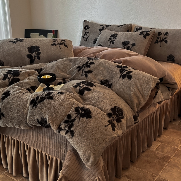 子曰 2025新款美拉德高克重兔绒牛奶绒床盖款四件套 简约款-玫瑰(咖)