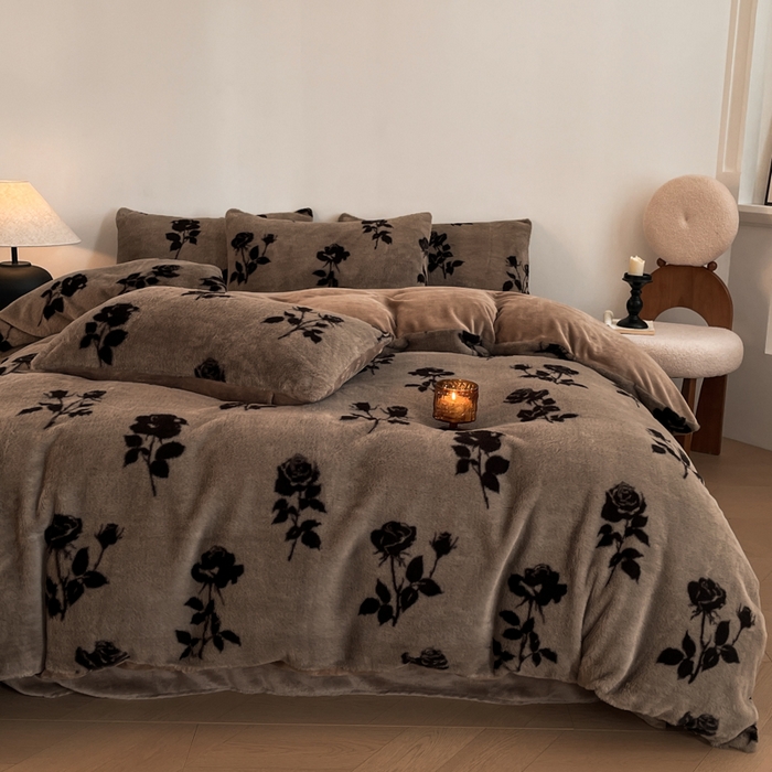 91家纺网 家纺一手货源 找家纺 子曰 2025新款美拉德高克重兔绒牛奶绒床盖款四件套 简约款-玫瑰(咖)