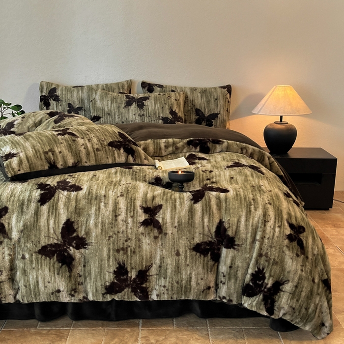 91家纺网 家纺一手货源 找家纺 子曰 2025新款美拉德高克重兔绒牛奶绒床盖款四件套 简约款-梦境绿