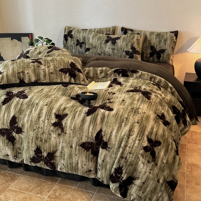 91家纺网 家纺一手货源 找家纺 子曰 2025新款美拉德高克重兔绒牛奶绒床盖款四件套 简约款-梦境绿