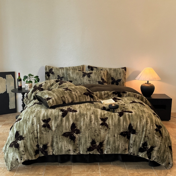 91家纺网 家纺一手货源 找家纺 子曰 2025新款美拉德高克重兔绒牛奶绒床盖款四件套 简约款-梦境绿