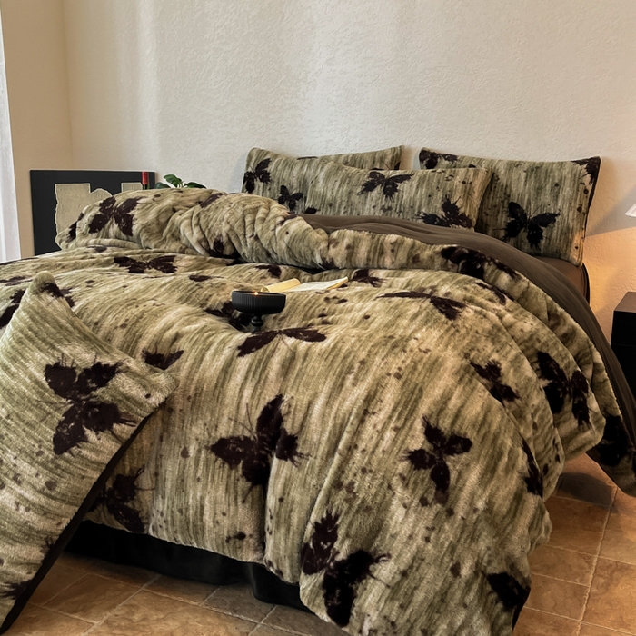 91家纺网 家纺一手货源 找家纺 子曰 2025新款美拉德高克重兔绒牛奶绒床盖款四件套 简约款-梦境绿