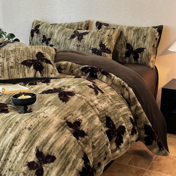 91家纺网 家纺一手货源 找家纺 子曰 2025新款美拉德高克重兔绒牛奶绒床盖款四件套 简约款-梦境绿