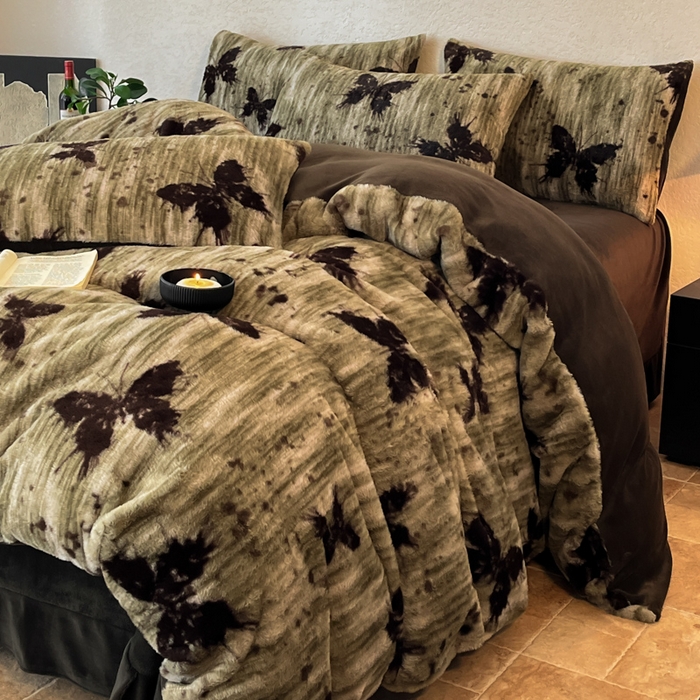 91家纺网 家纺一手货源 找家纺 子曰 2025新款美拉德高克重兔绒牛奶绒床盖款四件套 简约款-梦境绿