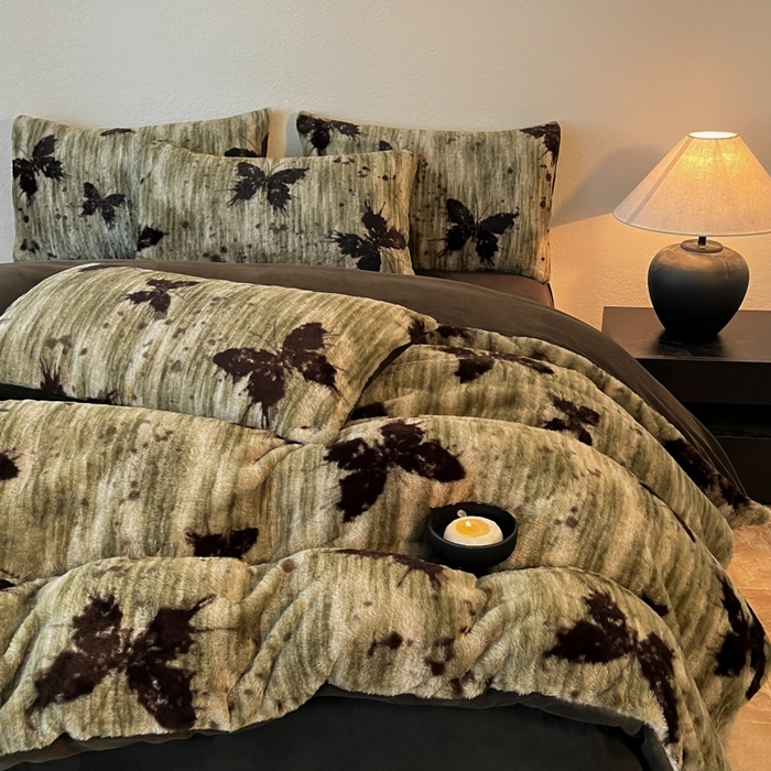 91家纺网 家纺一手货源 找家纺 子曰 2025新款美拉德高克重兔绒牛奶绒床盖款四件套 简约款-梦境绿