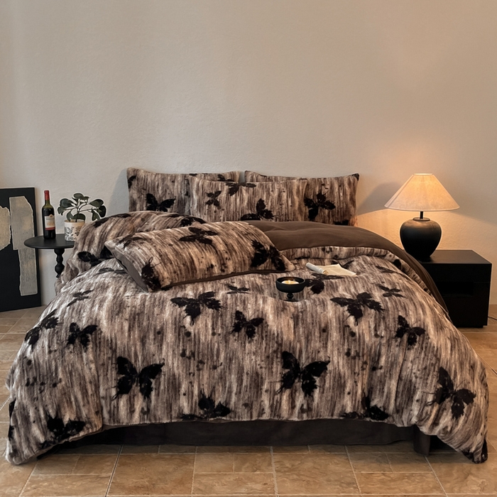 91家纺网 家纺一手货源 找家纺 子曰 2025新款美拉德高克重兔绒牛奶绒床盖款四件套 简约款-梦境棕