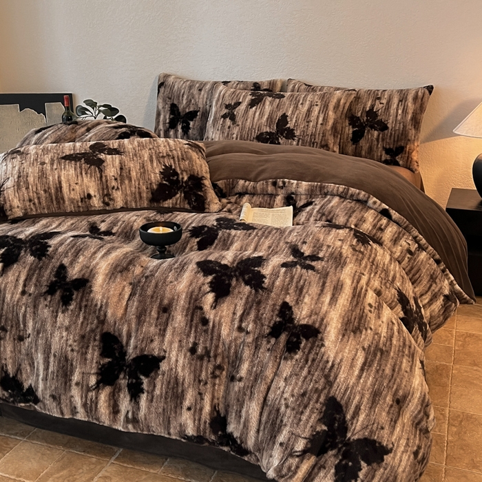 91家纺网 家纺一手货源 找家纺 子曰 2025新款美拉德高克重兔绒牛奶绒床盖款四件套 简约款-梦境棕