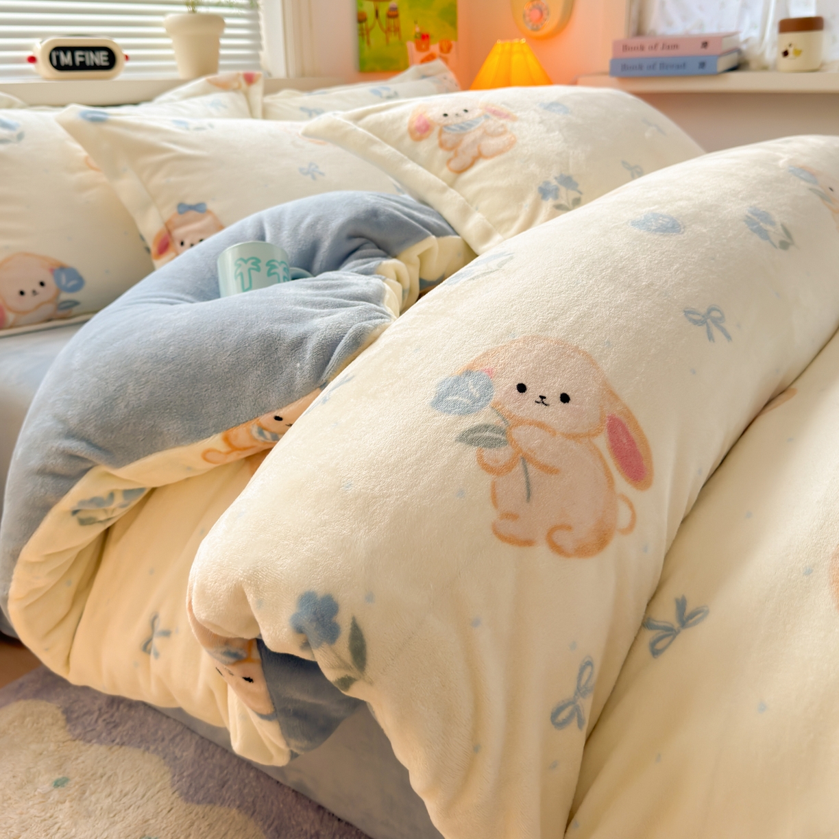 91家纺网 家纺一手货源 找家纺 铭宣 2025新款高克重牛奶绒印花保暖四件套床单床笠单被套款 郁金香小兔