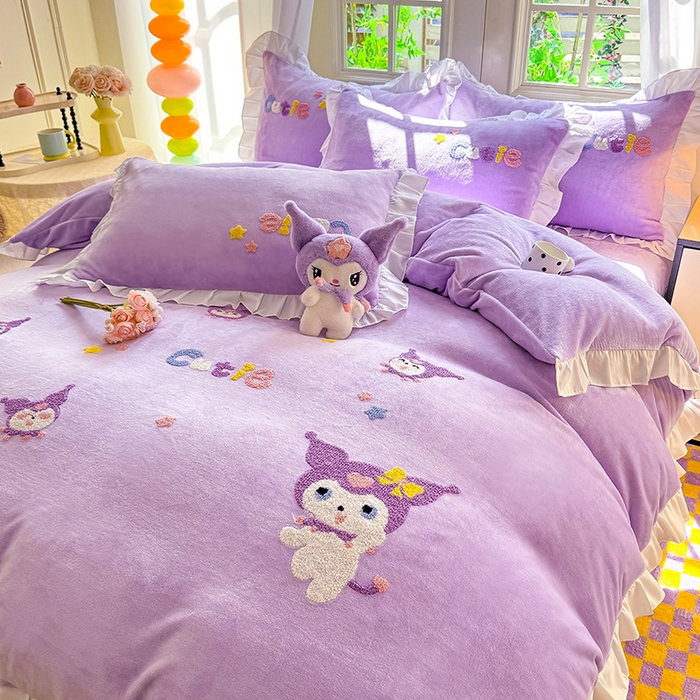 91家纺网 家纺一手货源 找家纺 （总）雨菲家纺 2025新款高克重加厚牛奶绒毛巾绣韩版荷叶花边四件套-美美兔