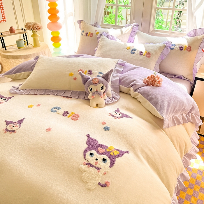 91家纺网 家纺一手货源 找家纺 （总）雨菲家纺 2025新款高克重加厚牛奶绒毛巾绣韩版荷叶花边四件套-美美兔