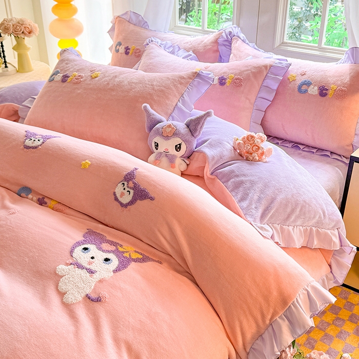 91家纺网 家纺一手货源 找家纺 （总）雨菲家纺 2025新款高克重加厚牛奶绒毛巾绣韩版荷叶花边四件套-美美兔