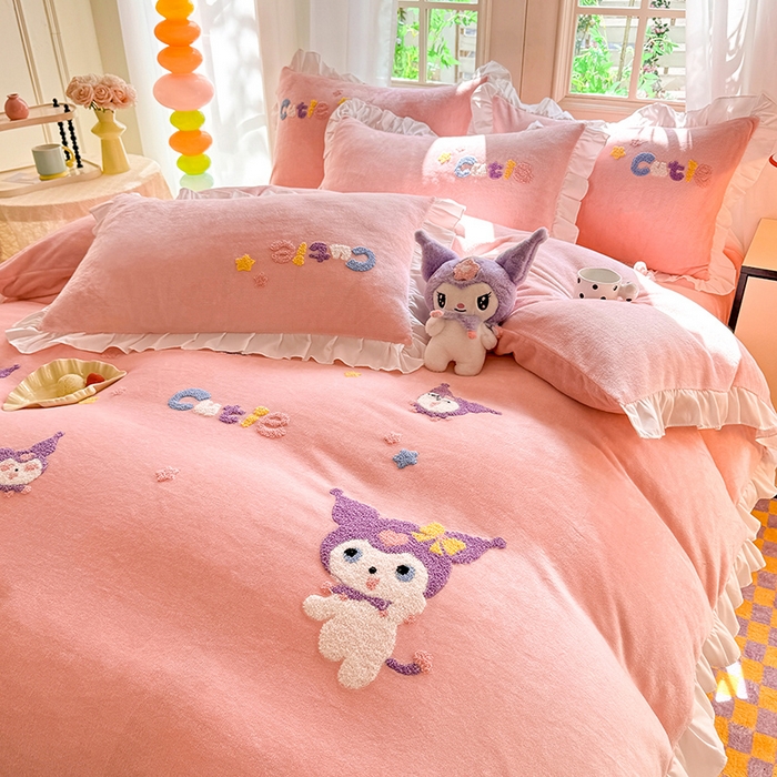 91家纺网 家纺一手货源 找家纺 （总）雨菲家纺 2025新款高克重加厚牛奶绒毛巾绣韩版荷叶花边四件套-美美兔