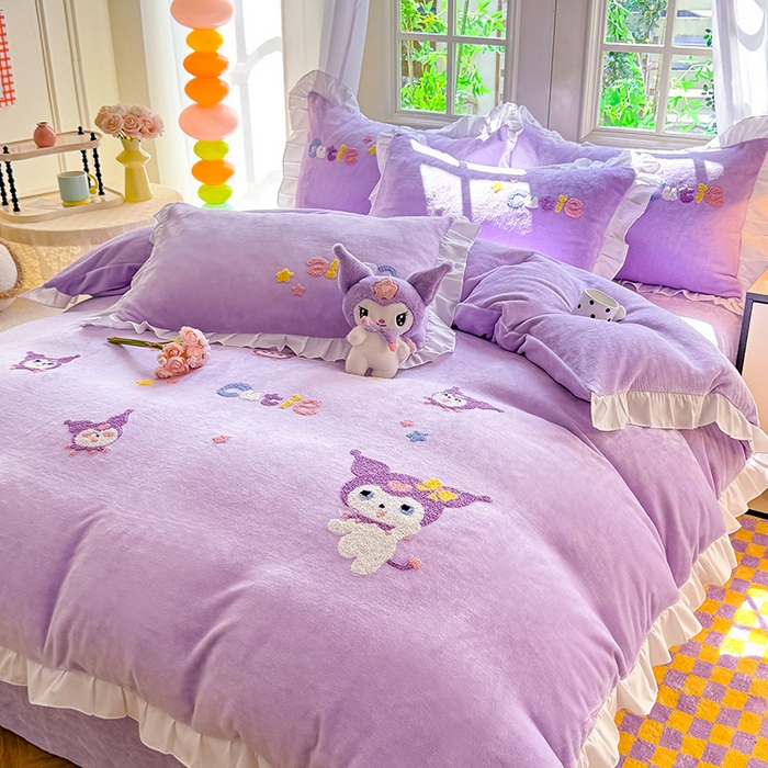 91家纺网 家纺一手货源 找家纺 雨菲家纺 2025新款高克重加厚牛奶绒毛巾绣韩版荷叶花边四件套-美美兔 美美兔紫