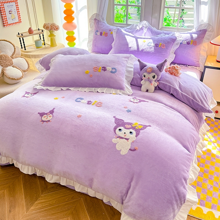 91家纺网 家纺一手货源 找家纺 雨菲家纺 2025新款高克重加厚牛奶绒毛巾绣韩版荷叶花边四件套-美美兔 美美兔紫