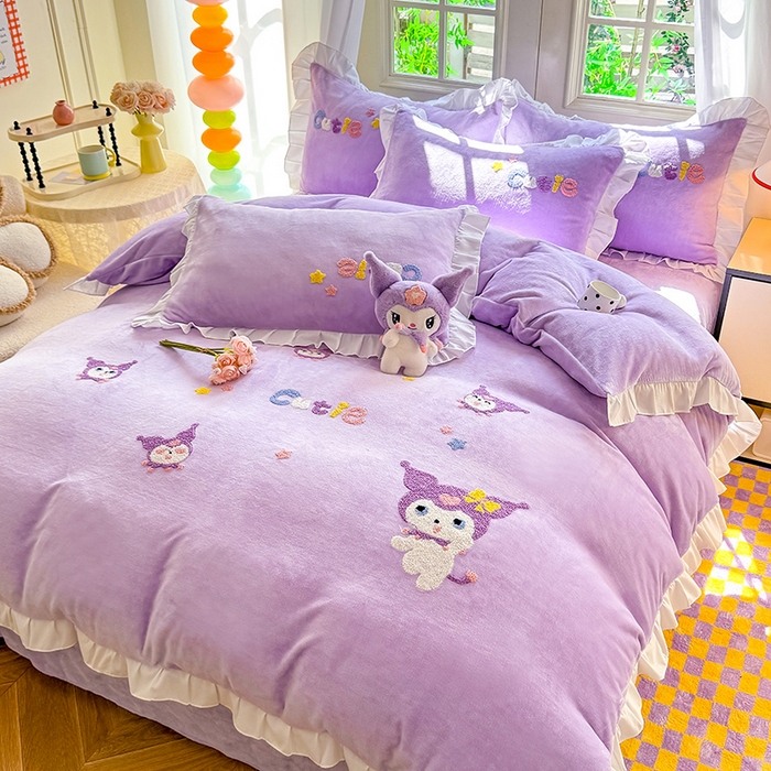 91家纺网 家纺一手货源 找家纺 雨菲家纺 2025新款高克重加厚牛奶绒毛巾绣韩版荷叶花边四件套-美美兔 美美兔紫