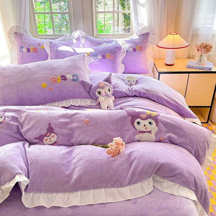 91家纺网 家纺一手货源 找家纺 雨菲家纺 2025新款高克重加厚牛奶绒毛巾绣韩版荷叶花边四件套-美美兔 美美兔紫