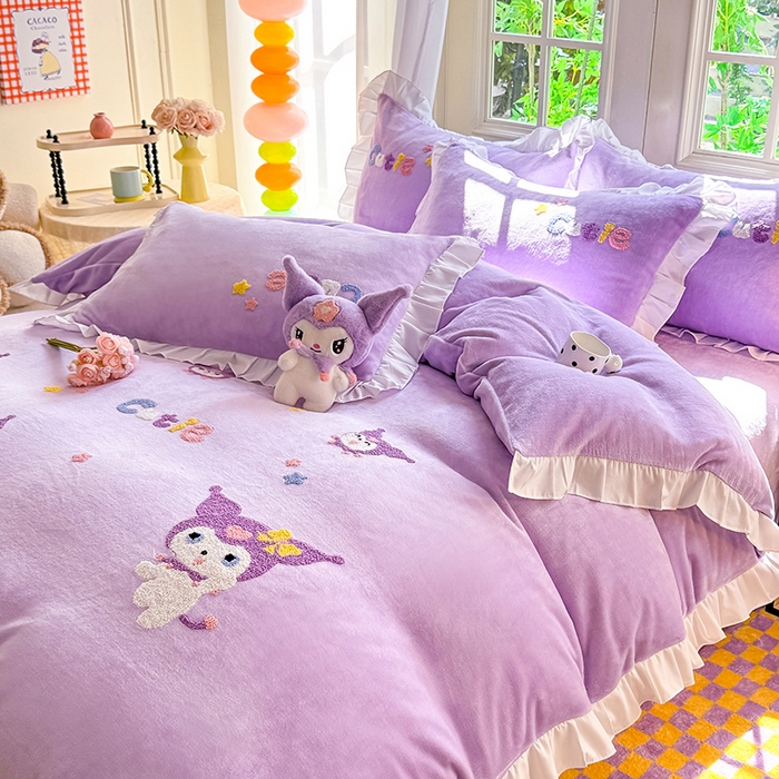 91家纺网 家纺一手货源 找家纺 雨菲家纺 2025新款高克重加厚牛奶绒毛巾绣韩版荷叶花边四件套-美美兔 美美兔紫