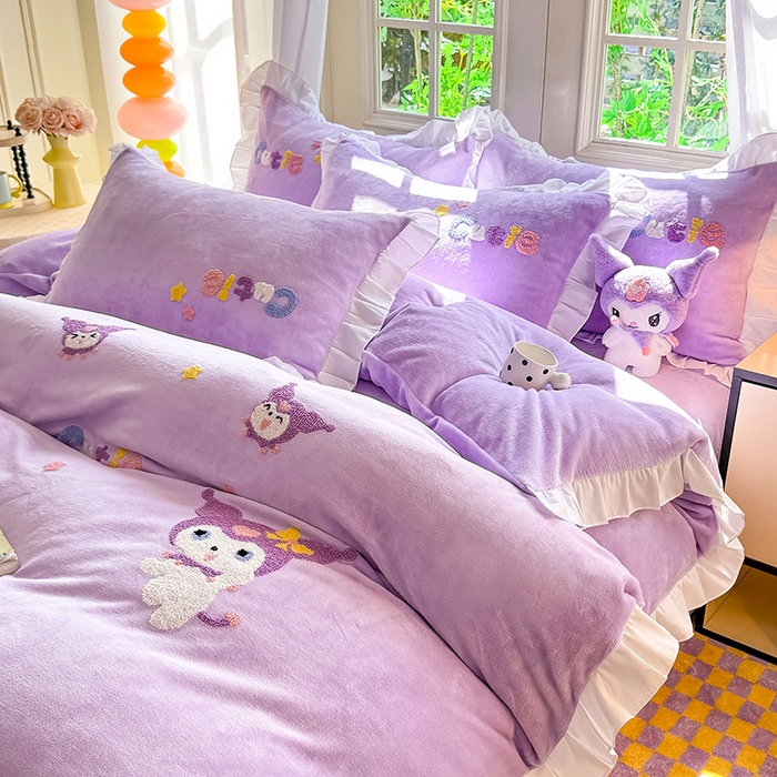 91家纺网 家纺一手货源 找家纺 雨菲家纺 2025新款高克重加厚牛奶绒毛巾绣韩版荷叶花边四件套-美美兔 美美兔紫