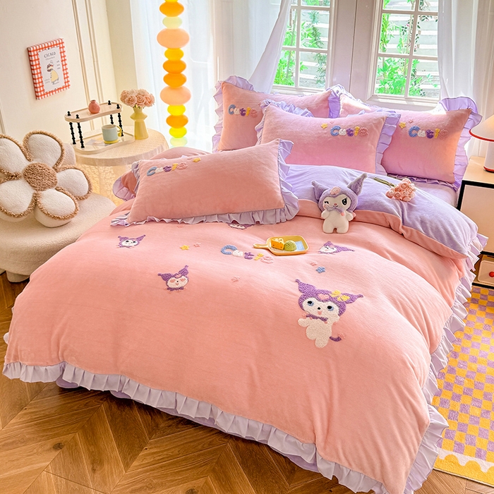 91家纺网 家纺一手货源 找家纺 （总）雨菲家纺 2025新款高克重加厚牛奶绒毛巾绣韩版荷叶花边四件套-美美兔