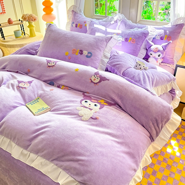 91家纺网 家纺一手货源 找家纺 雨菲家纺 2025新款高克重加厚牛奶绒毛巾绣韩版荷叶花边四件套-美美兔 美美兔紫